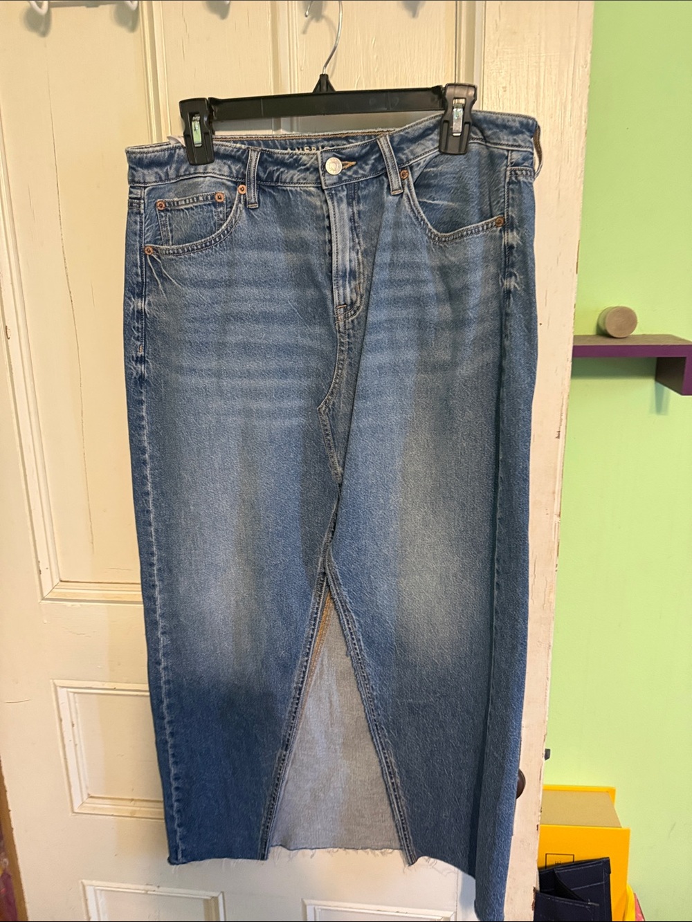 American Apparel Blue Denim Midi Skirt with Front Slit